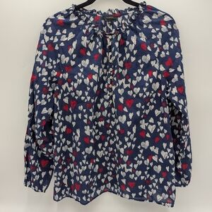 Talbots Heart Print Ruffle Neck Cotton Blouse Large Blue Workwear Lightweight
